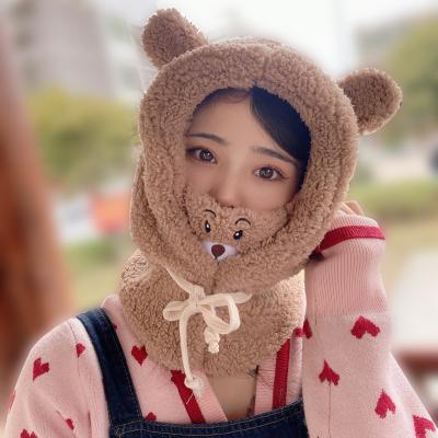 China Winter COMMON Mask With Hat Women Novelty Casual Solid Beanies Covers With Protective Mask Teddy Beanie Bear Ear Hat Cute Warm for sale