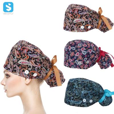 China New Printed Medical Hospital Lace Surgical Doctor Adjustable Cap Scrub Hats For Nursing Scrub Hats Long Hair For Women for sale