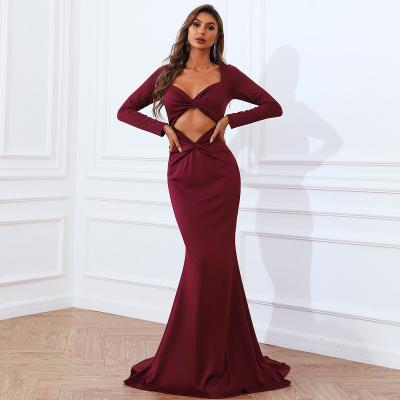 China New Sesidy Anti-Static Sexy Hollow Out Dress Elegant Long Sleeve Evening Party Slim Women's Red Carpet Dress for sale