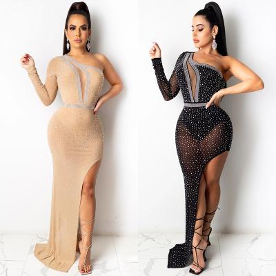 China Wholesale Breathable Women Ladies One Shoulder Bright Split Hip Maxi Sequin Dress Off Shoulder Party Women Evening Dresses for sale