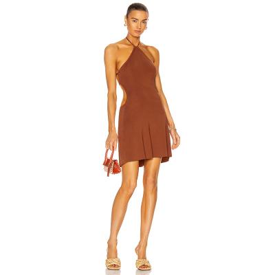 China New Arrivals Brown Anti-static Sexy Backless Halter Women's Sleeveless Mini Bodycon Club Bandage Dress for sale