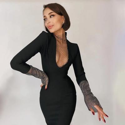 China Sesidy anti-static clothing for women hi quality long sleeve shiny diamond bodycon equating bandage dress vestidos for sale