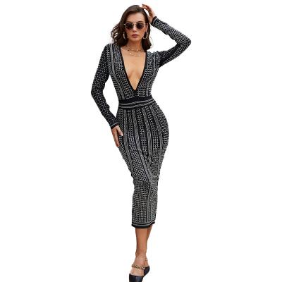 China Anti-Static Elegant Lady Bodycon Women Dress Diamond Decoration Black Trimming Dress Sexy Deep V Neck Long Sleeve Maxi Long for sale