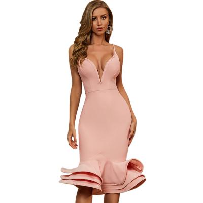 China Formal Dresses 2021 Sexy Prom Evening Party Mermaid Bandage Dress Women V Neck Bodycon Casual Luxurious Pink Anti-Static for sale