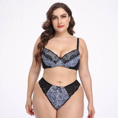 China Viable printed bra set plus size sexy 3/4 cup bra and panties plus size lace trim with bow plus size bra sets for sale