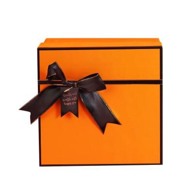 China Recyclable Logo Printed High Quality Orange Custom Gift Box With Ribbon Bow For Wedding Party Gift Packaging for sale