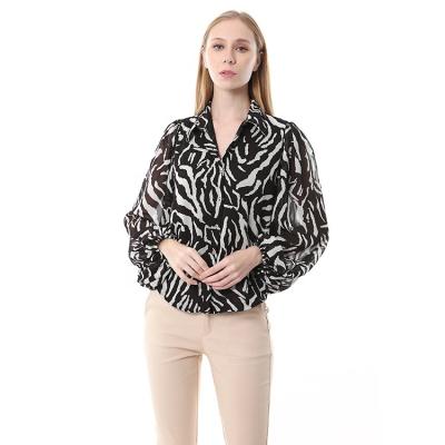 China Casual 100% Polyester Chiffon Zebra Print Lantern Long Sleeve Shirt for sale