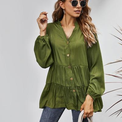 China 2021 Anti-wrinkle Amazon spring popular newcomer women loose casual blouse V-neck puff long sleeve shirts for sale