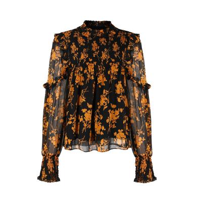 China 2021 Brown Round Neck Breathable Chiffon Women Popular Customized Pleated Long Sleeve Anti-pilling Shirt for sale