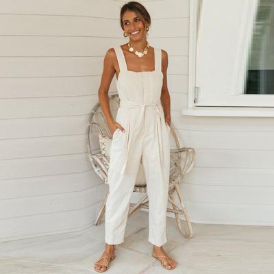 China Anti-pilling Wholesale fashion spring and summer cotton and linen belt jumpsuit women's overalls with belt for sale