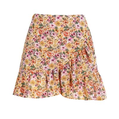 China 2021 Fashion Anti-static Classic Design Double Layer Chiffon Floral Ruffle Pleated Mini Skirt for sale