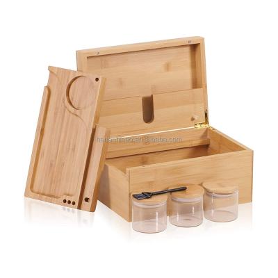 China Handmade Wooden Bamboo Stash Storage Box with Slip No Mess Rolling Tray, Brush and Airtight Smell Proof Herb Jars for sale