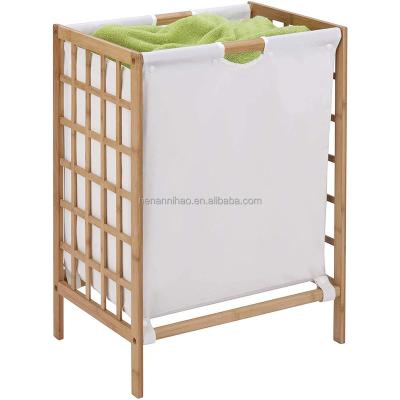 China Hot Sale Mid Century Modern Wooden Laundry Basket Bamboo Laundry Basket With Liner Bag Storage Basket Shelves Space Saving Laundry Shelves for sale