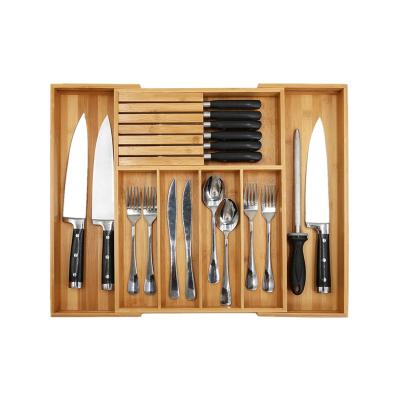 China Sustainable Universal Kitchen Drawer Bamboo Adjustable Cutlery Tray Organizer for sale