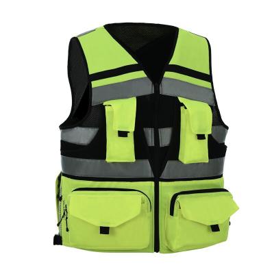 China Customized Fluorescent Yellow Multi Pockets Durable High Visibility Water Proof Reflective Safety Mesh Vest for sale