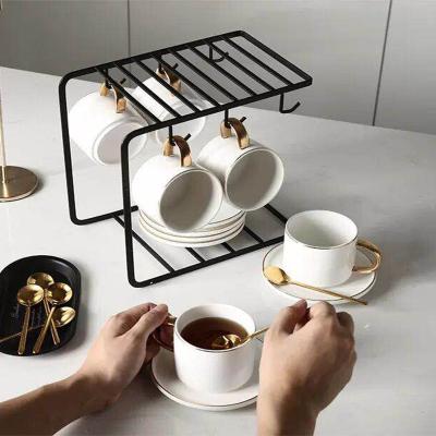 China Stocked Modern Luxury Breakfast Dish Set Tea Since Gold Handle Coffee Mug Set With Tray Set For Home for sale