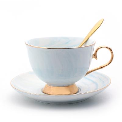 China Stocked Marble Coffee Cup and Saucer Set Ceramic Cup Porcelain Latte Cappuccino Cups 230ml Gold Reusable Handle and Base for sale