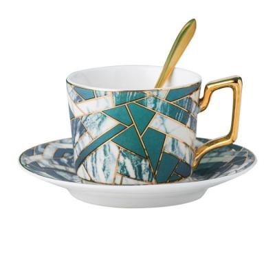 China Stocked Gold Effect Marble Porcelain Handle Coffee Tea Cup Set Turkish Design Ceramic Cups With Saucer for sale