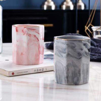 China Makeup Brush Holder Wholesale Ceramic Pen Holder Office Marble Pen Holder With Gold Rim for sale