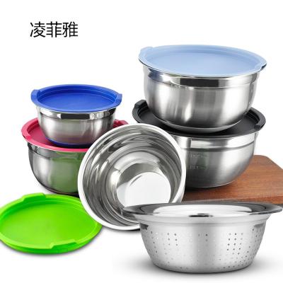 China Wholesale Sustainable Dinnerware Homeware Bowl Set Airtight Lid Stainless Steel Salad Mixing Bowls With Silicone Base For Cooking for sale