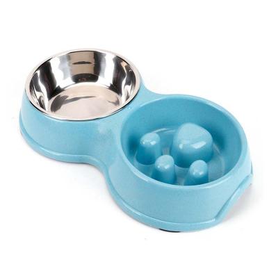 China New Sustainable 2 in 1 Non Double Pet Bowls Cat Drinking Water Feeder Slip Stainless Steel Dog Bowls Eco-Friendly Feeding Set for Pets for sale