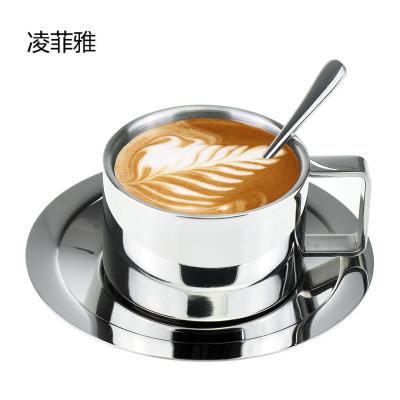 China 2021 Viable New High Quality Design Coffee Mug Stainless Steel Wall Type Double Milk Tea Cup With Saucer And Spoon 3 Piece Set for sale