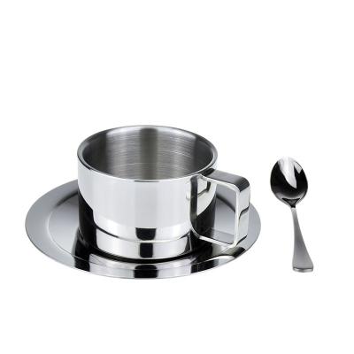 China 2021 Sustainable 3Pc Stainless Steel Double Wall Coffee Mug Set With Handle | Espresso | 100ml tea cup with saucer and mixing spoons for sale