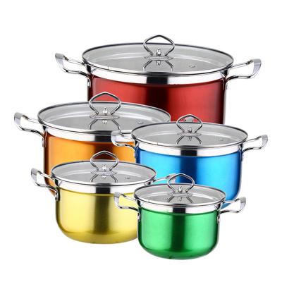 China Sustainable Hot Sale Africa Deep Bottom Non Stick Cookware Set Colorful Kitchen Pots Stainless Steel for sale