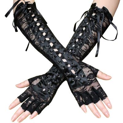 China Wrist Length Wedding Bride Gloves Lace Up Bridal Dress Fingerless Long Ribbon Rivets Accessories Party Black White Glove for sale