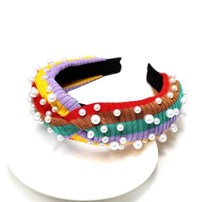 China Korean Style Korean Style Colorful Rainbow Stripped Shape Cloth Headband White Pearl Design Women's Knitting Headband New for sale