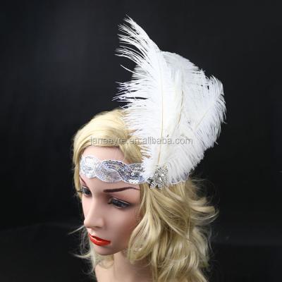 China Wholesale Handmade Cloth Halloween Flapper Sequin Headpiece White Feather Headband for sale