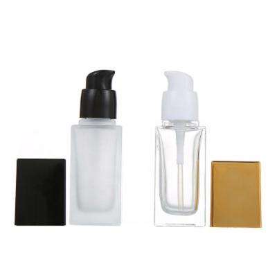 China Cosmetic square 10ml 20ml 30ml 40ml transparent and frosted glass bottle empty base serum pump lotion for sale