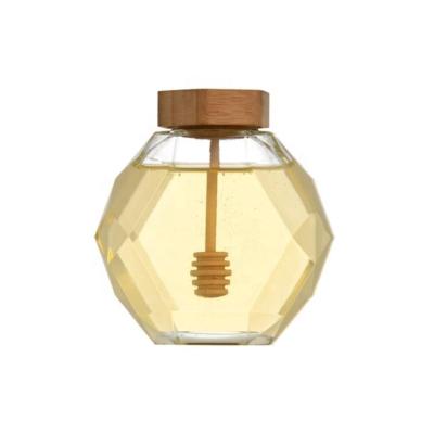 China Unique design stocked 380ml empty clear honey jam jar with wooden cork lids for sale