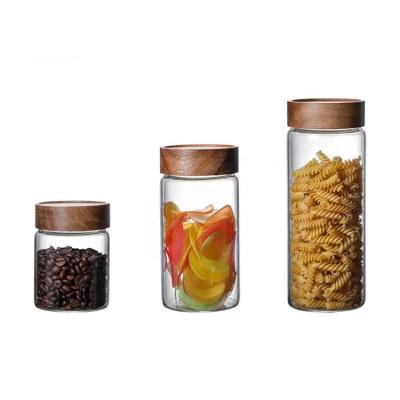 China New Sale Stocked Clear Borosilicate Clear Spice Storage Glass Jars With Airtight Acacia Wood Lid for sale