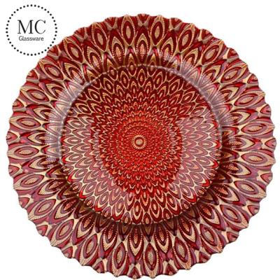 China Cheap 13 inch viable wedding peacock charger glass dishes wholesale for sale