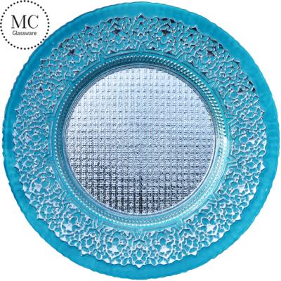 China Viable Cheap Wholesale Vintage 13 Inch Blue Glass Charger Dish for sale