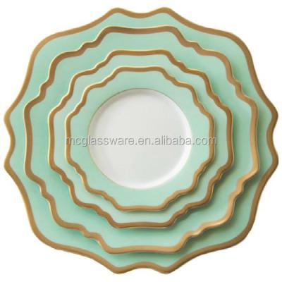 China Sustainable Aqua Green Coffee Stripe Hand-crafted Porcelain Dinner Plate Set For Wedding for sale