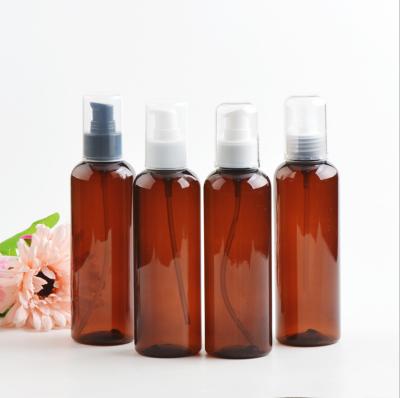 China PET 200ml Full Cover Plastic Shoulder Round Amber Color Cosmetic Lotion Pump Bottle for sale