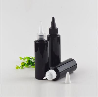 China Household Products 120ml 4oz PET Shoulder Plastic Flat Glossy Black Color Pointed Cap Oil Squeeze Bottle for sale