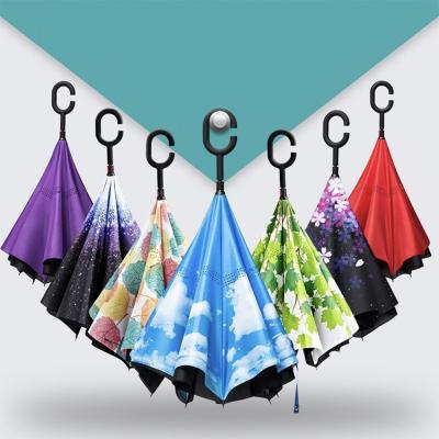 China Wholesale Custom Logo Printed Auto Umbrella Advertising Double-Layer Hook C Handleshaped Car Sun Shade Straight Umbrella Rain and Shine for sale