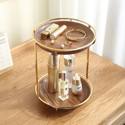 China Wholesale Wood Metal Makeup Storage Rotating Cosmetic Rack 2 Layers Ring Holder Necklace Earring Bracelet Jewelery Display Storage for sale