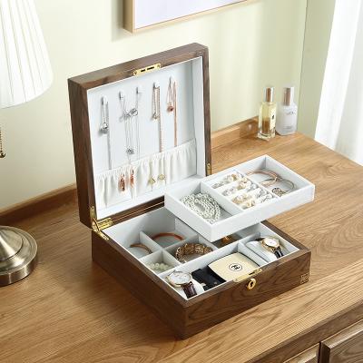 China Luxury Wooden Jewelry Package Jewelry Box Large Velvet Wooden Case With Key Women Earrings Rings Necklace Watch Storage Organizer for sale