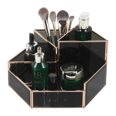 China Customized Black Glass Antioxidant Multifunctional Cosmetic Organizer Display 360 Degree Rotating Makeup Product Division Storage Racks for sale