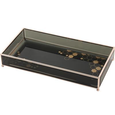 China Honeycomb Pattern Viable Luxury Black Glass Rectangular Organizer Tray Home Decoration Perfume Fragrance Makeup Storage Tray for sale