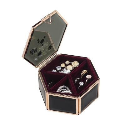 China Portable Luxury Black Hexagon Jewelry Organizer Box Ring Necklace Earings Travel Storage Glass Case for sale