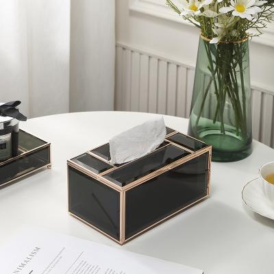 China Rectangle Modern Luxury Black Glass Household Tissue Box Large Capacity Side Door Design Dustproof Tissue Storage Box for sale