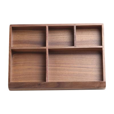 China Custom Wholesale Handmade Logo 5 Hoops Wholesale Walnut Wooden Jewelry Dish Wooden Jewelry Storage Box Desktop Organizer Tray for sale