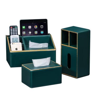 China Custom Wholesale Handmade Creative Living Room Container Tissue Storage Box Lid PU Leather Green Logo Modern Home Decor for sale