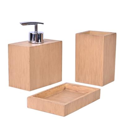 China Sustainable Bathroom Products Sets Hot Sale 3Pcs Simple Style Bathroom Furniture Accessory Set Bamboo Liquid Soap Dispenser Box Soap Dish for sale