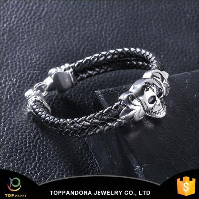 China Best Fashion Style Guangzhou Jewelry Factory Cool Selling To Make Men Braided Leather Skull Bracelet&bangles for sale